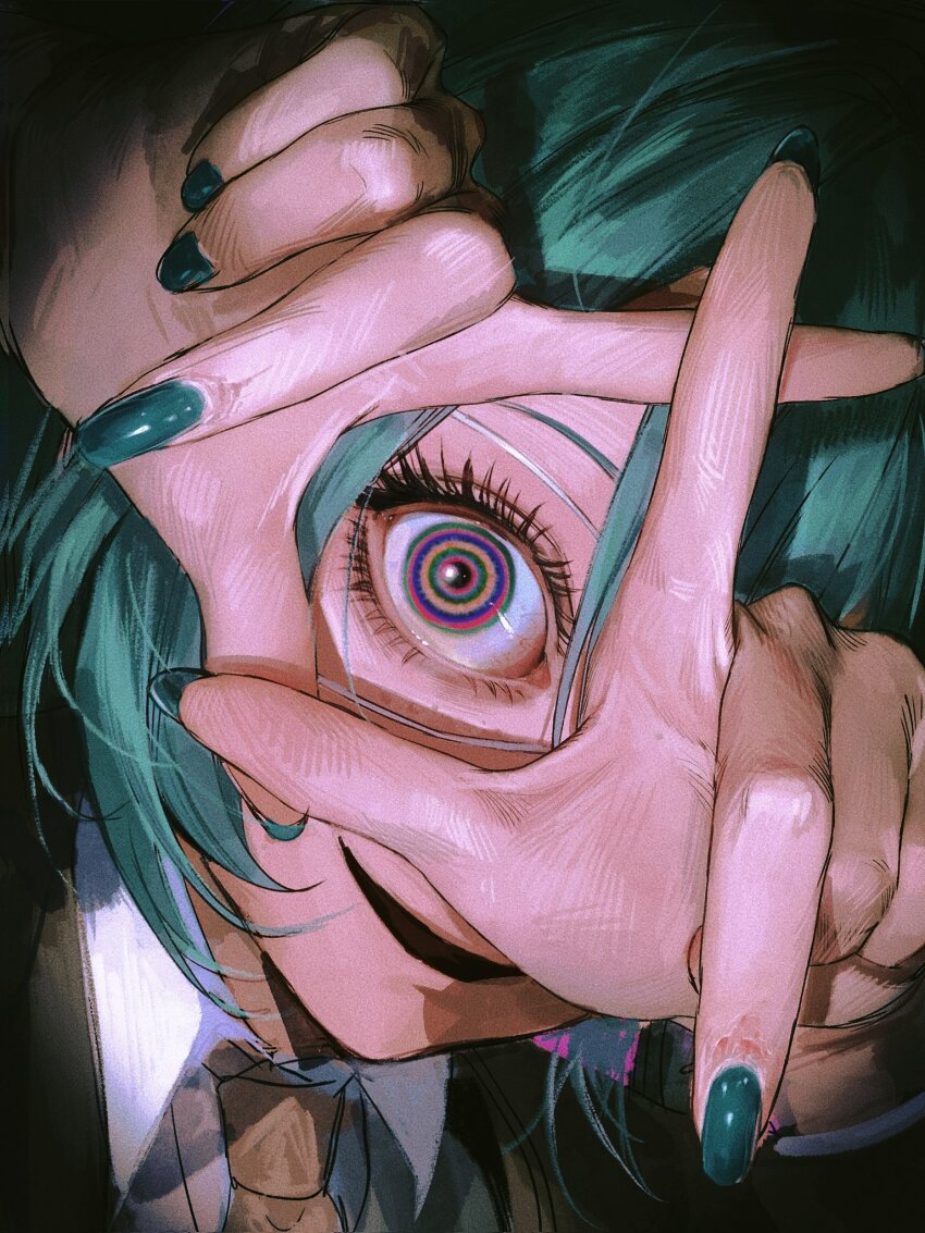 1girl aqua_hair aqua_nails black_mouth close-up collared_shirt evil_smile hands_up hatsune_miku highres looking_at_viewer monitoring_(vocaloid) multicolored_eyes necktie open_mouth portrait rainbow_eyes ringed_eyes seapall shirt short_hair smile solo vocaloid