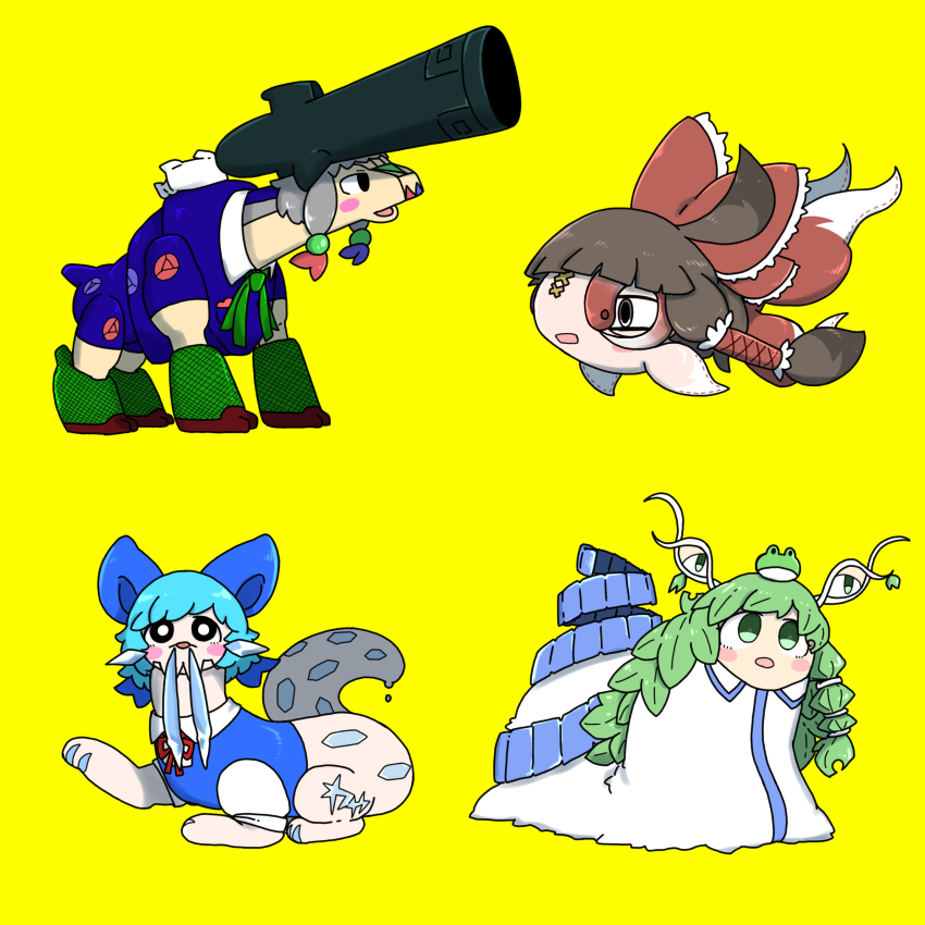 4girls absurdres black_eyes blue_bow bow bright_pupils brown_hair character_request cirno commentary_request cookie_(touhou) creature fish frog_hair_ornament full_body green_eyes green_hair hair_bow hair_ornament hakurei_reimu highres izayoi_sakuya kochiya_sanae long_hair looking_at_viewer micha_(cookie) monsterification muimui_(4242564muimui) multiple_girls oko_(cookie) open_mouth red_bow rocket_launcher short_hair simple_background snail_girl snot touhou weapon white_pupils yamato_(cookie)