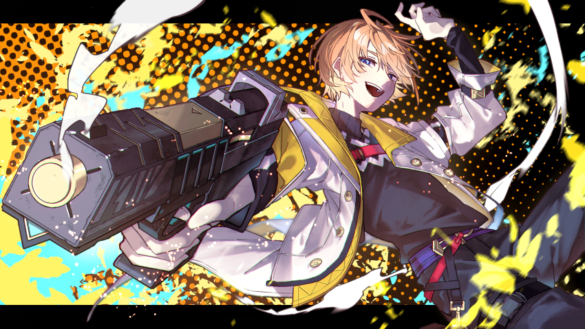 1boy black_background black_pants black_shirt blonde_hair blue_eyes coat commentary_request crazy_smile feet_out_of_frame finger_to_mouth fura_kanato gun highres holding holding_gun holding_weapon jisshu letterboxed long_sleeves looking_at_viewer male_focus multicolored_background nijisanji open_mouth pants shirt smile solo teeth two-sided_coat two-sided_fabric upper_teeth_only virtual_youtuber weapon white_coat yellow_background yellow_coat