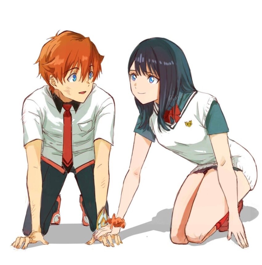 1boy 1girl acceptor ass black_hair black_skirt blue_eyes bow bowtie collared_shirt couple gridman_universe gridman_universe_(film) hetero hibiki_yuuta holding_hands long_hair looking_at_another necktie pleated_skirt red_bow red_hair risyo school_uniform scrunchie shirt shoes short_hair short_sleeves simple_background skirt smile takarada_rikka thighs vest waistcoat white_shirt wing_collar wrist_scrunchie