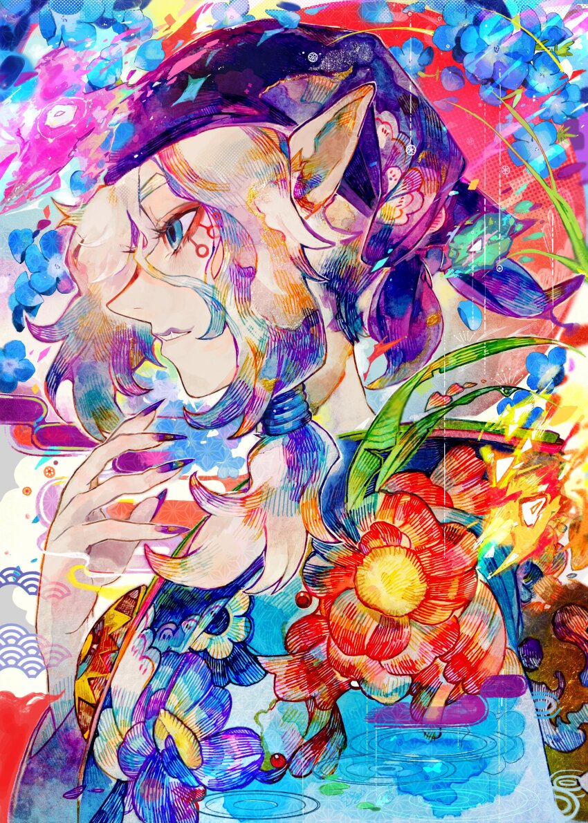 1boy absurdres bandana blonde_hair blue_bandana blue_eyes eyeliner facing_to_the_side fingernails floral_print hair_between_eyes hair_tie hand_to_own_mouth highres japanese_clothes kita_kai kusuriuri_(mononoke) long_fingernails long_hair makeup male_focus mononoke parted_lips pointy_ears profile red_eyeliner sharp_fingernails sidelocks solo upper_body wavy_hair