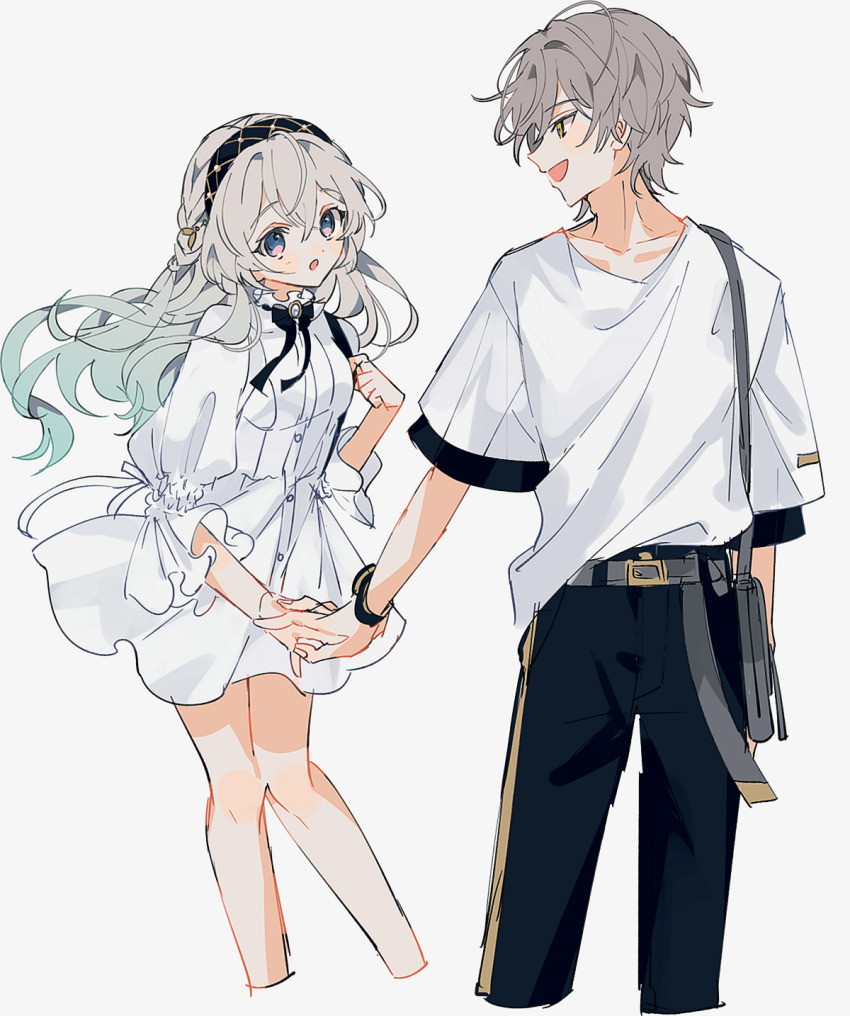 1boy 1girl alternate_costume bag belt black_bow black_bowtie black_hairband black_pants bow bowtie bracelet caelus_(honkai:_star_rail) commentary_request cropped_legs dress firefly_(honkai:_star_rail) gg_suyari gradient_hair green_hair grey_belt grey_hair hairband handbag highres holding_hands honkai:_star_rail honkai_(series) jewelry long_hair looking_at_another multicolored_hair pants pink_eyes puffy_sleeves purple_eyes shirt short_hair simple_background smile t-shirt trailblazer_(honkai:_star_rail) two-tone_eyes white_background white_dress white_shirt yellow_eyes