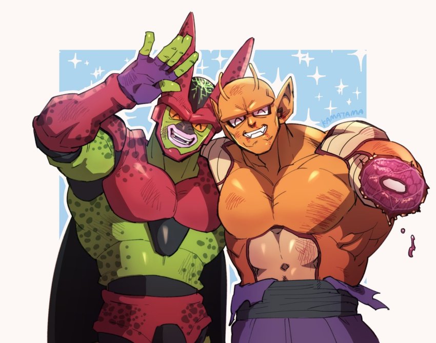 2boys amputee bobojobobo cell_max clenched_teeth dougi dragon_ball dragon_ball_super dragon_ball_super_super_hero grin guro injury large_pectorals looking_at_viewer multiple_boys muscular no_humans orange_piccolo pectorals piccolo salute sash smile smirk teeth wristband