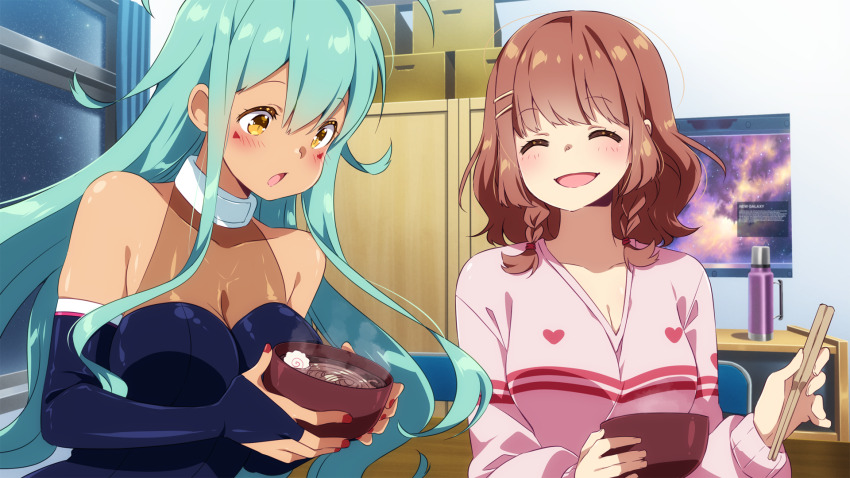 2girls breasts cleavage closed_eyes eating ena_(sakura_alien) food game_cg green_hair hair_ornament hairclip highres hiyori_(sakura_alien) inma large_breasts light_blush medium_breasts multiple_girls non-web_source noodles orange_hair ramen red_nails sakura_alien yellow_eyes