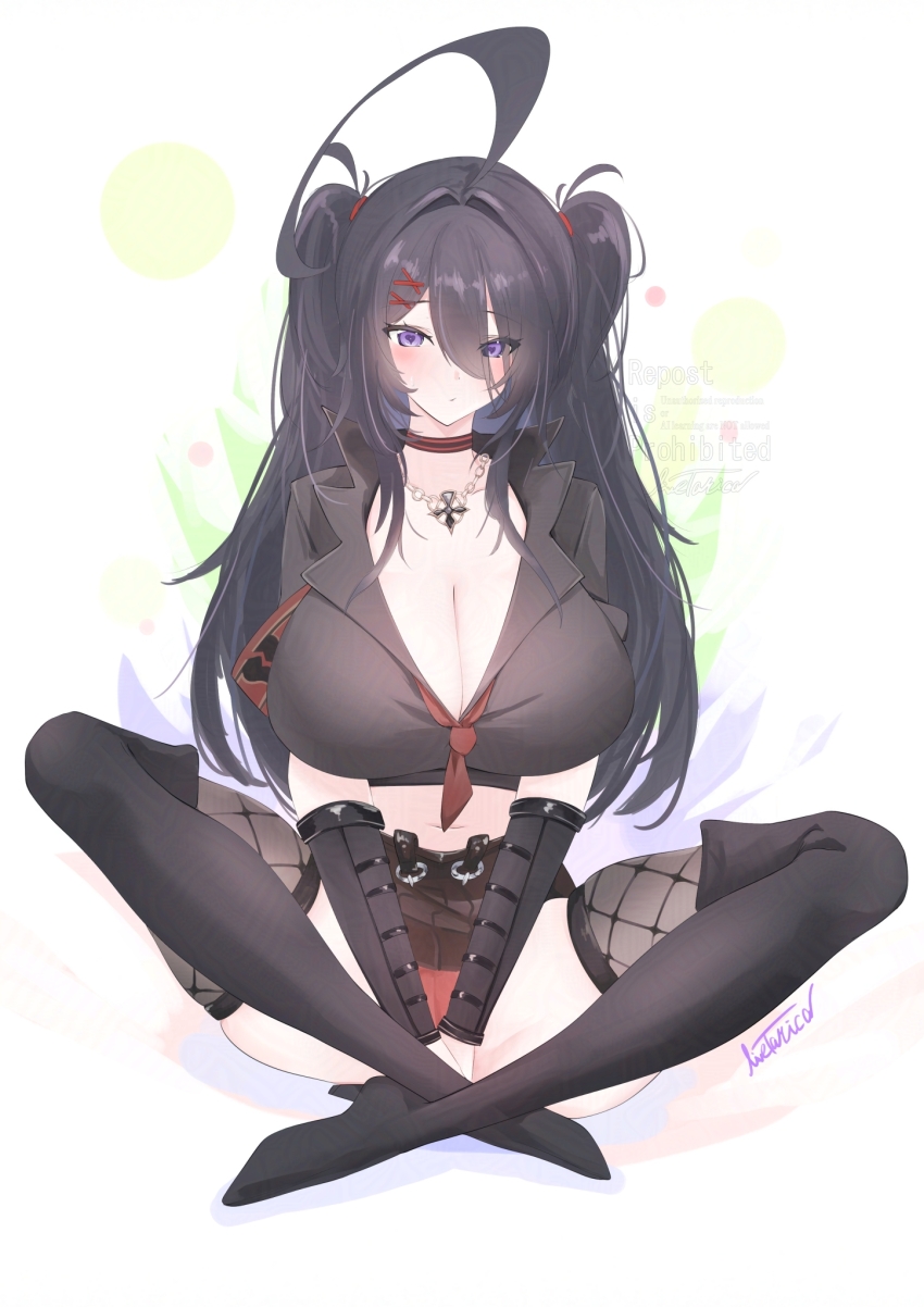 1girl ahoge armband azur_lane black_footwear black_shirt black_skirt boots breasts cleavage crop_top crossed_legs eyes_visible_through_hair fishnet_thighhighs fishnets hair_between_eyes highres huge_ahoge huge_breasts knee_boots livetarica looking_at_viewer midriff navel neckerchief panties purple_eyes red_armband red_neckerchief red_panties shirt short_sleeves signature sitting skirt solo thighhighs thighhighs_under_boots underwear z11_(azur_lane)