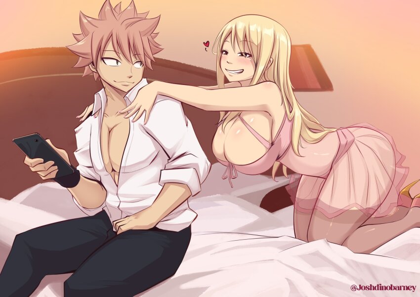 1boy 1girl abs bed blonde_hair breasts fairy_tail highres joshdinobarney lamp lingerie long_hair lucy_heartfilia muscular muscular_male natsu_dragneel pants phone red_hair shirt sitting smile underwear