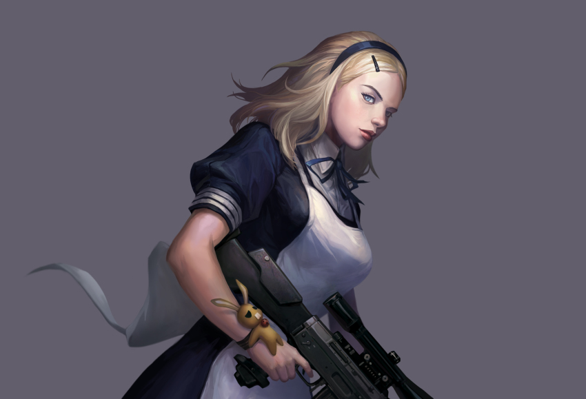 assault_rifle blonde_hair blue_eyes counter-strike counter-strike_(series) counter-strike_online grey_background gun hairband highres looking_at_viewer maid rifle sig_sg550 simple_background sniper_rifle weapon