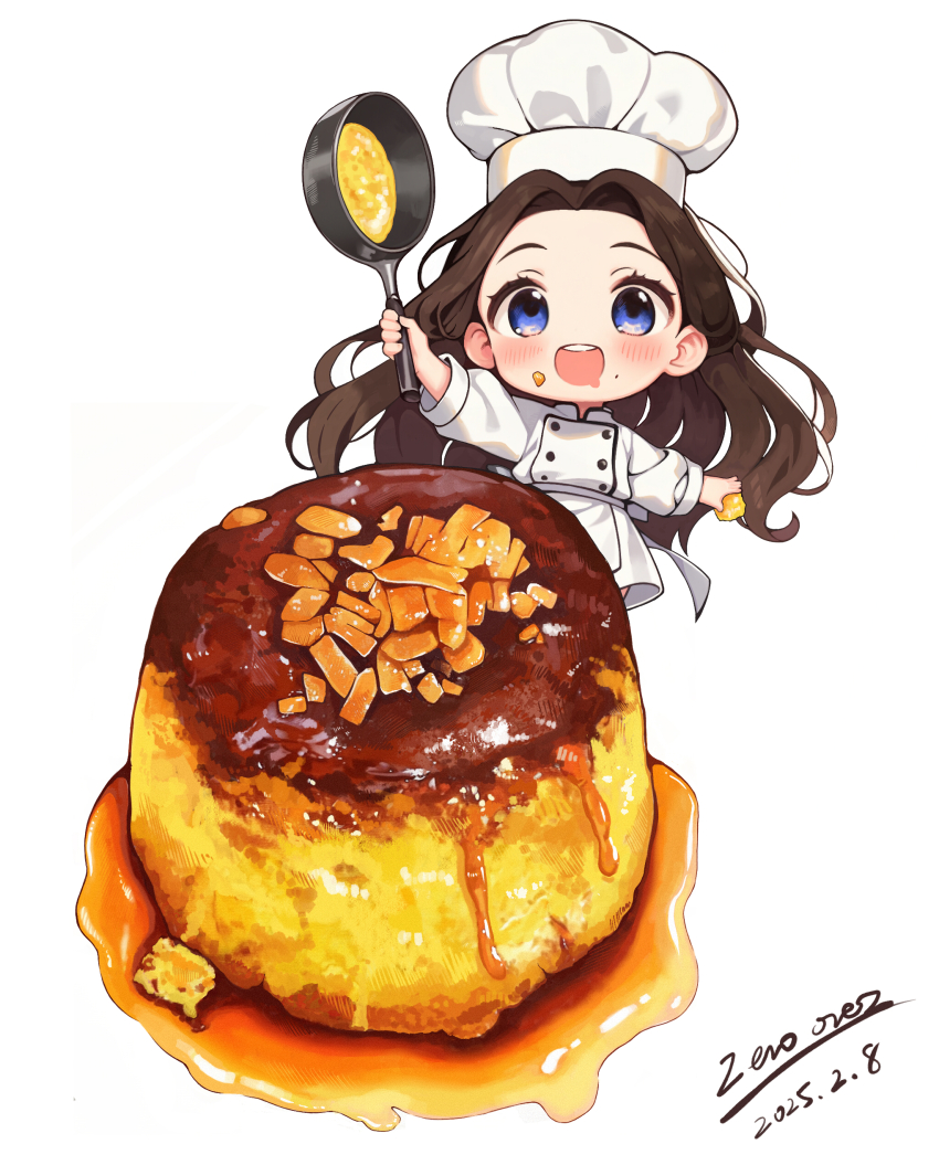 1girl absurdres apron blue_eyes brown_hair chef chef_hat dated dessert food food_focus frying_pan hat highres holding holding_frying_pan long_hair original pudding simple_background solo syrup waist_apron white_background zeroorez