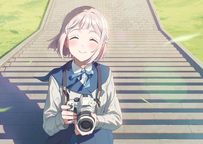 1girl absurdres blue_ribbon blue_sailor_collar blue_skirt blush camera closed_eyes commentary_request dslr facing_viewer floating_hair gakuen_idolmaster grey_hair highres holding holding_camera idolmaster katsuragi_lilja leaf long_sleeves neck_ribbon pentax ribbon sailor_collar school_uniform short_hair skirt smile solo stairs tonegawa_ribu wind