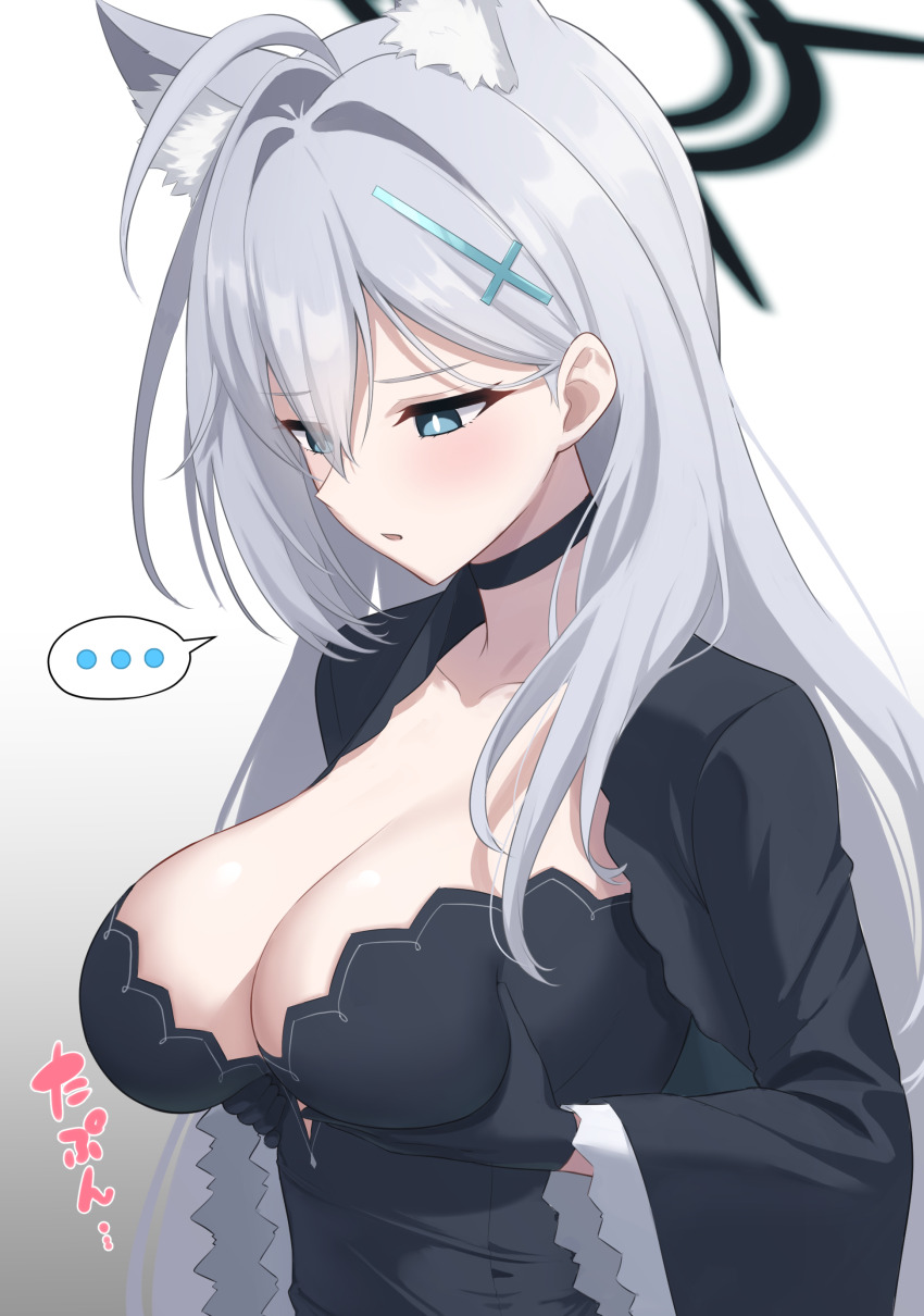 ... 1girl absurdres ahoge animal_ear_fluff animal_ears black_choker black_dress black_gloves black_jacket blue_archive blush breasts choker cleavage collarbone cropped_legs dress extra_ears gloves grabbing_own_breast grey_hair halo helloet11 highres jacket large_breasts long_hair looking_down shiroko_(blue_archive) shiroko_terror_(blue_archive) solo spoken_ellipsis upper_body very_long_hair wolf_ears