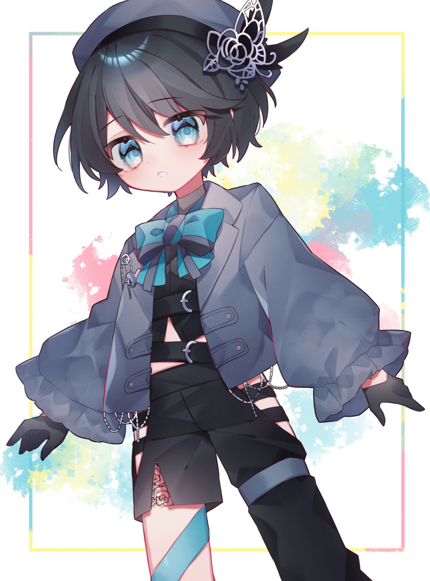 1boy :o absurdres asymmetrical_legwear beret black_gloves black_hair black_pants black_ribbon black_shirt black_shorts blue_bow blue_bowtie blue_eyes blush bow bowtie clock_over_orquesta cowboy_shot dutch_angle eringikinono gloves grey_hat grey_jacket hair_between_eyes hat hat_ribbon highres hip_vent jacket kokonoe_konoe long_sleeves looking_at_viewer male_focus open_clothes open_jacket paint_splatter pants parted_lips raised_eyebrows ribbon shirt short_hair shorts sidelocks solo teeth thigh_strap two-tone_bow two-tone_bowtie white_background