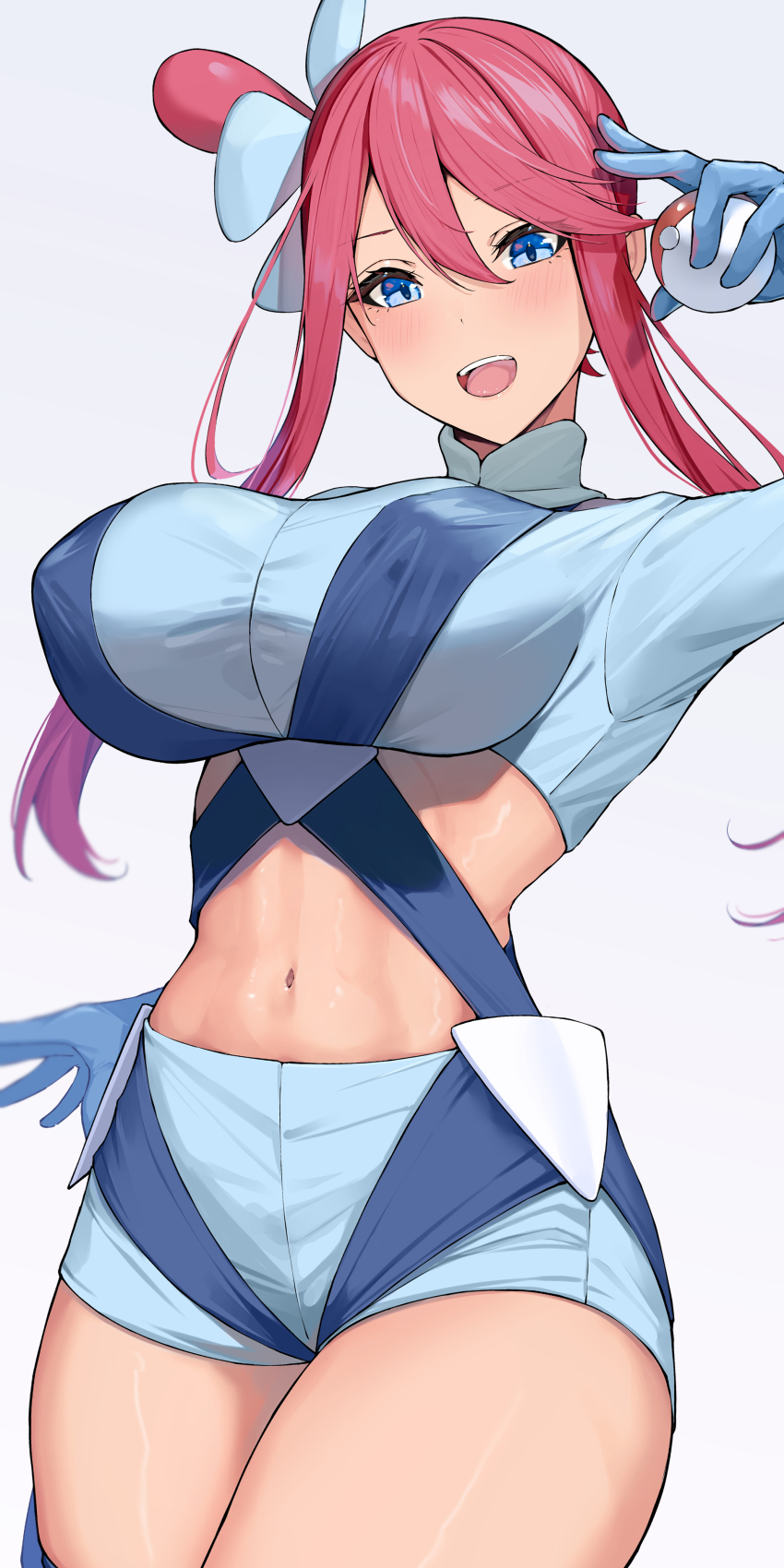 1girl :d absurdres arm_up belt blue_belt blue_eyes blue_gloves blue_shorts blush breasts chest_harness commentary_request cowboy_shot creatures_(company) crop_top cropped_jacket fukuiii0110 game_freak gloves groin hair_between_eyes hair_ornament harness highres holding holding_poke_ball large_breasts long_sleeves looking_at_viewer midriff navel nintendo one_side_up open_mouth poke_ball poke_ball_(basic) pokemon pokemon_bw red_hair short_hair_with_long_locks short_shorts shorts sidelocks simple_background skindentation skyla_(pokemon) smile solo standing standing_on_one_leg teeth thigh_strap upper_teeth_only white_background