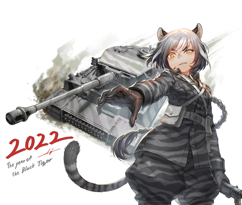 1girl 2022 animal_ears animal_print belt black_gloves braid breasts camouflage camouflage_jacket chinese_zodiac commentary dust english_commentary gloves grey_belt grey_hair grey_jacket grey_pants gun holding holding_gun holding_weapon jacket kws long_hair medium_breasts military military_vehicle motor_vehicle open_hand original pants tank tiger_ears tiger_girl tiger_i tiger_print vehicle_request very_long_hair weapon year_of_the_tiger