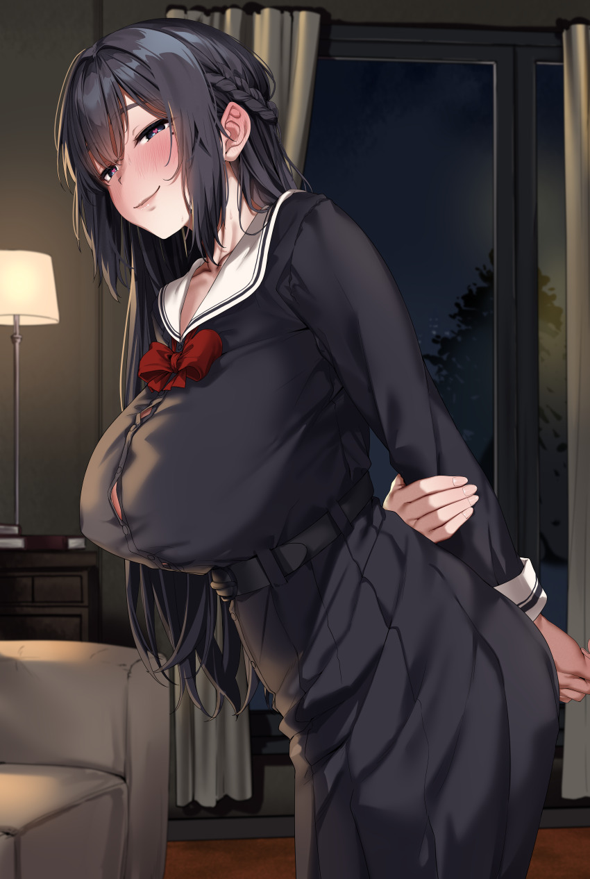 1girl absurdres armchair arms_behind_back black_hair black_shirt black_skirt blue_eyes breasts button_gap chair commentary_request half_up_braid heart heart-shaped_pupils highres indoors jack_dempa large_breasts long_hair looking_at_viewer miyamae_shiho_(jack_dempa) mole mole_under_eye original sailor_collar shirt skirt smile solo symbol-shaped_pupils white_sailor_collar