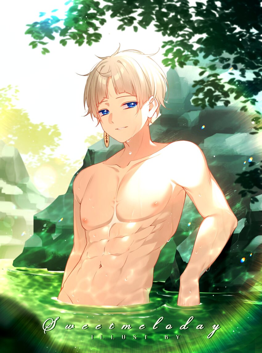 1boy abs absurdres bishounen earrings hair_between_eyes highres jewelry male_focus muscular muscular_male navel nipples onsen original solo stomach sweetmeloday topless_male water white_hair