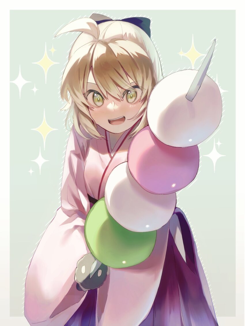 1girl ahoge blonde_hair dango fate/grand_order fate_(series) food highres holding holding_sword holding_weapon japanese_clothes katana kimono mipi okita_souji_(fate) okita_souji_(koha-ace) sparkle sword wagashi weapon wide_sleeves