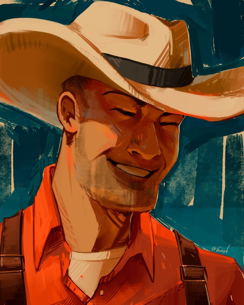 1boy beard_stubble blue_background brown_overalls closed_eyes cowboy_hat engineer_(tf2) facial_hair ghostsberry happy hat highres male_focus overalls red_shirt shirt signature smile solo stubble team_fortress_2 teeth white_undershirt