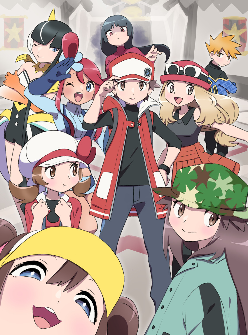 2boys 6+girls absurdres alternate_color black_hair blonde_hair blue_eyes blue_oak blue_oak_(sygna_suit) brown_eyes brown_hair creatures_(company) elesa_(pokemon) elesa_(sygna_suit)_(pokemon) game_freak hat highres leaf_(pokemon) leaf_(sygna_suit)_(pokemon) lyra_(pokemon) multiple_boys multiple_girls nintendo photobomb pokemon pokemon_bw pokemon_bw2 pokemon_frlg pokemon_hgss pokemon_masters_ex pokemon_xy pumpkinpan red_(pokemon) red_(pokemon_frlg) red_(sygna_suit)_(pokemon) red_eyes rosa_(pokemon) sabrina_(pokemon) serena_(pokemon) skyla_(pokemon) sunglasses