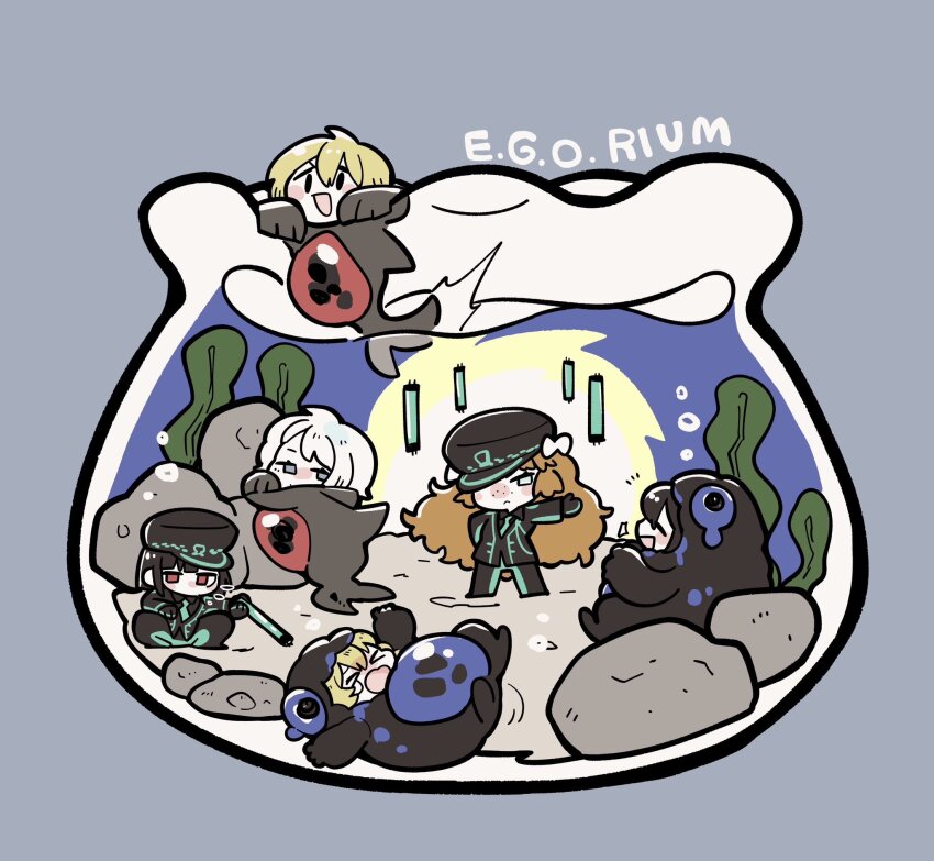 &gt;_&lt; 2boys 4girls :d animal_costume aquarium blind_obsession_(e.g.o) blonde_hair cavernous_wailing_(e.g.o) chibi crying don_quixote_(project_moon) e.g.o_(project_moon) faust_(project_moon) fish fluid_sac_(e.g.o) fluorescent_lamp formal_clothes freckles frog_costume hand_on_own_hip hat highres hong_lu_(project_moon) ishmael_(project_moon) kojocho05 limbus_company long_hair lying mini_person miniboy minigirl monster_girl multiple_boys multiple_girls open_mouth orange_hair peaked_cap project_moon ryoshu_(project_moon) sinclair_(project_moon) sitting smile squatting standing suit tears very_long_hair