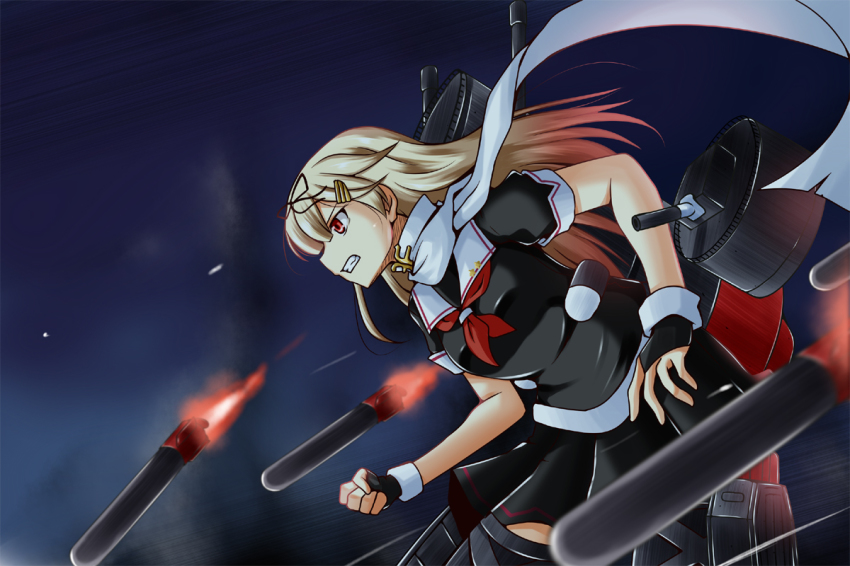 10s 1girl blonde_hair clenched_teeth female_focus fingerless_gloves gloves gradient_hair hair_ornament hair_ribbon hairclip kantai_collection machinery multicolored_hair neckerchief night nishi_koutarou pink_hair red_eyes ribbon scarf skirt smoke solo teeth torpedo yuudachi_(kancolle) yuudachi_kai_ni_(kancolle)