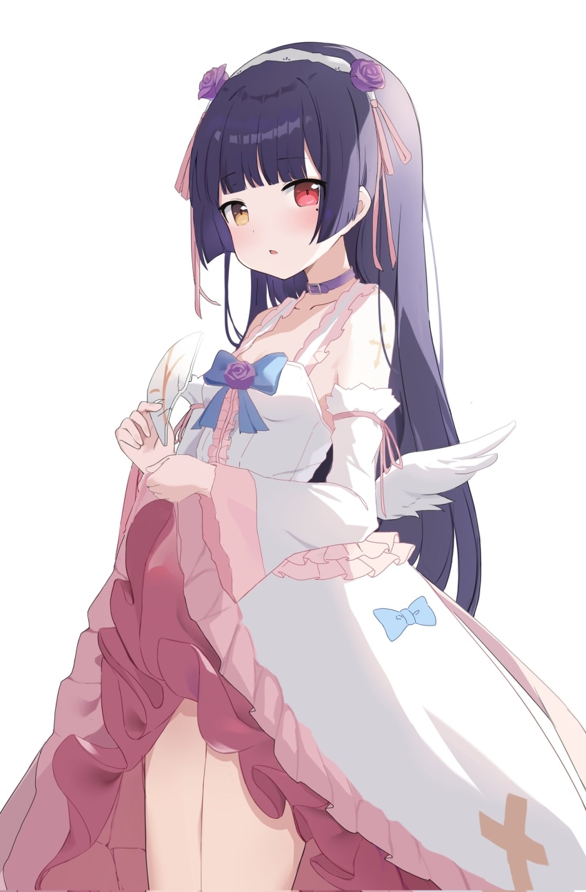 :o angel_wings belt_collar black_hair blue_bow bow broken_mask choker clothes_lift collar cowboy_shot cross detached_sleeves dress dress_lift flower frilled_dress frilled_sleeves frills from_side gokou_ruri hairband heterochromia highres hime_cut holding holding_mask kkurovo latin_cross lolita_fashion lolita_hairband long_hair mask mini_wings mole mole_under_eye ore_no_imouto_ga_konna_ni_kawaii_wake_ga_nai petticoat purple_choker rose sleeveless sleeveless_dress sweet_lolita thighs white_background white_dress white_wings wings