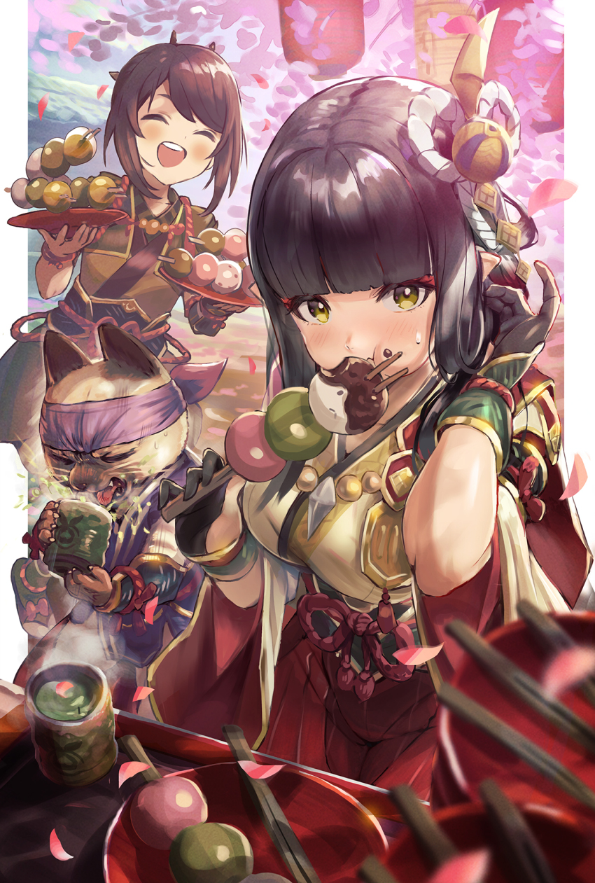 :d capcom cherry_blossoms cup dango eating felyne food gloves hair_ribbon headband highres hinoa inoki-08 monster_hunter_(series) monster_hunter_rise mouthful open_mouth pointy_ears ribbon smile tea wagashi yomogi_(monster_hunter)