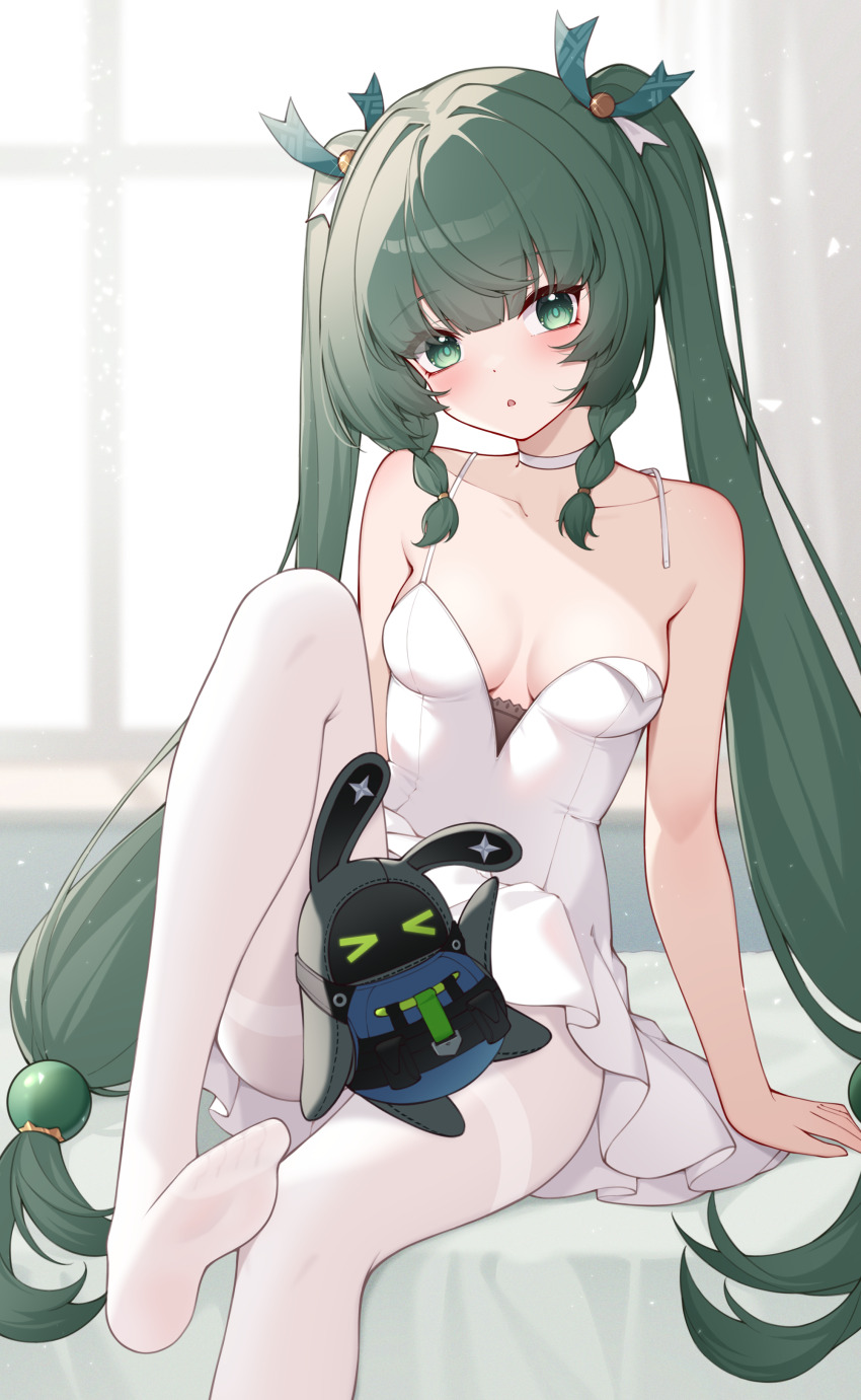 &gt;_&lt; 1girl absurdres arm_support bangboo_(zenless_zone_zero) bare_shoulders bed_sheet blush braided_sidelock breasts choker commentary_request dress green_eyes green_hair highres indoors knee_up long_hair looking_at_viewer medium_breasts on_bed open_mouth origami_(poinia) pantyhose qingyi_(zenless_zone_zero) securityboo_(zenless_zone_zero) sitting soles solo twintails very_long_hair white_choker white_dress white_pantyhose zenless_zone_zero