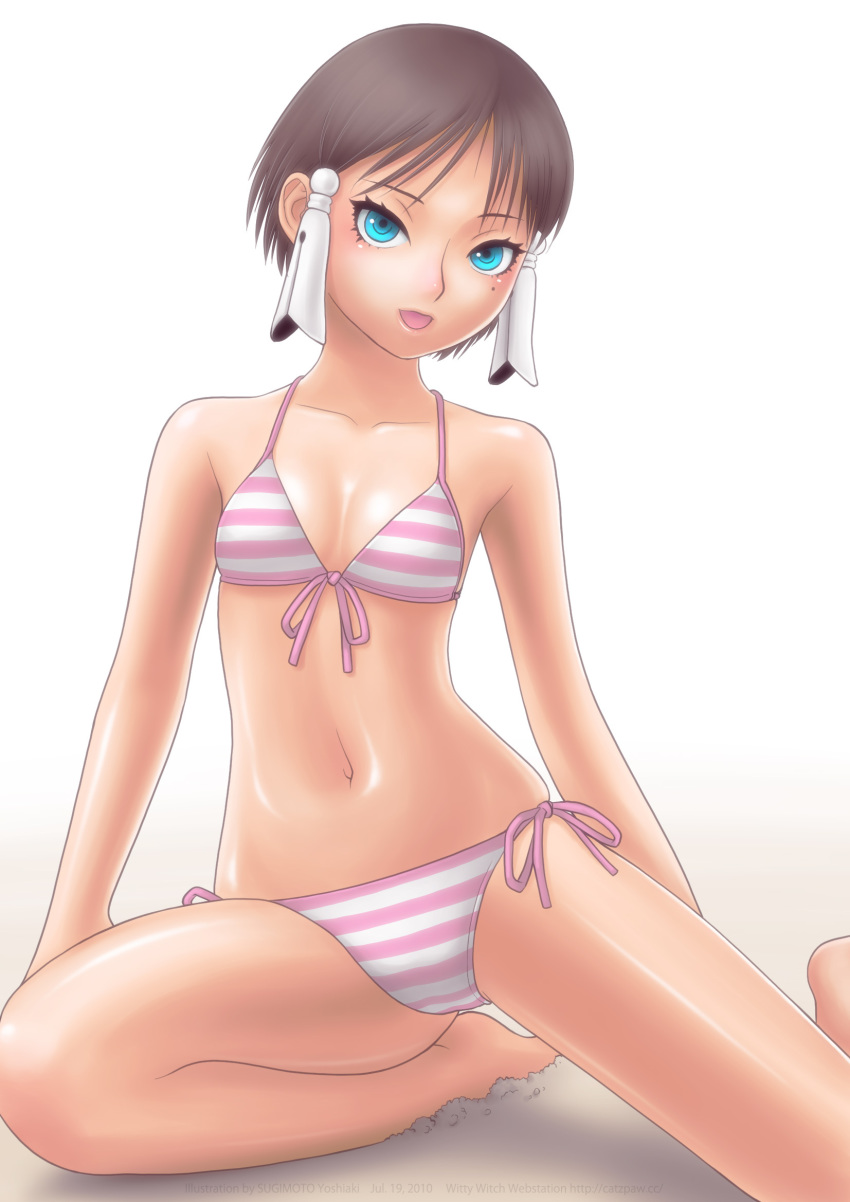 1girl bikini blue_eyes brown_hair female_focus flat_chest front-tie_bikini_top front-tie_top halcyon_lunch highres hiyosu_(hl) navel shiny_skin short_hair side-tie_bikini_bottom simple_background skindentation solo striped_bikini striped_clothes sugimoto_yoshiaki swimsuit