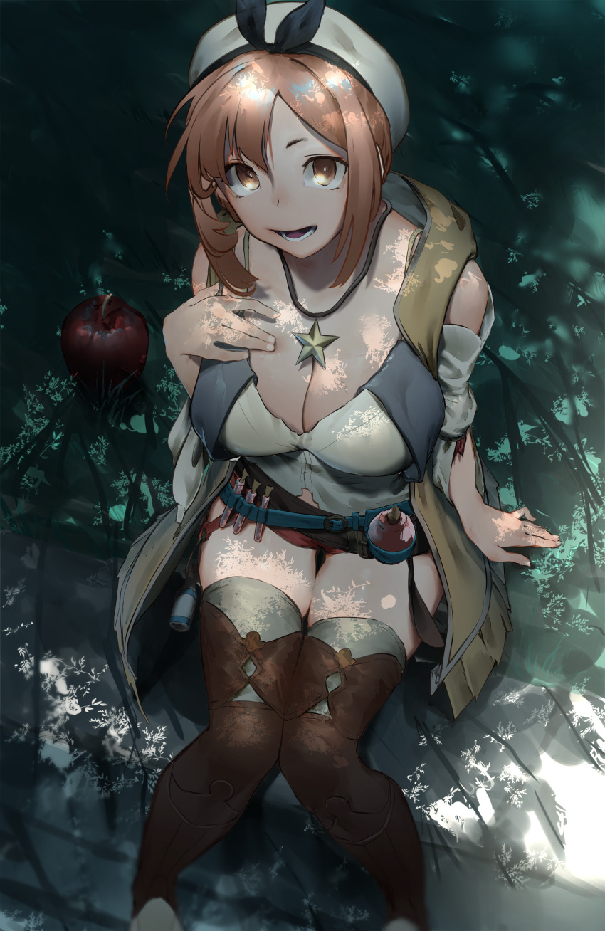 1girl :d absurdres apple atelier_(series) atelier_ryza atelier_ryza_1 belt breasts brown_eyes brown_hair brown_thighhighs cleavage commentary_request elixir flask food fruit hat highres huge_filesize jewelry knees_together_feet_apart looking_at_viewer medium_breasts midriff namusan1146 navel necklace night open_mouth outdoors potion red_shorts reisalin_stout short_hair short_shorts shorts sitting smile solo star_(symbol) teeth thighhighs thighs utility_belt white_hat white_thighhighs