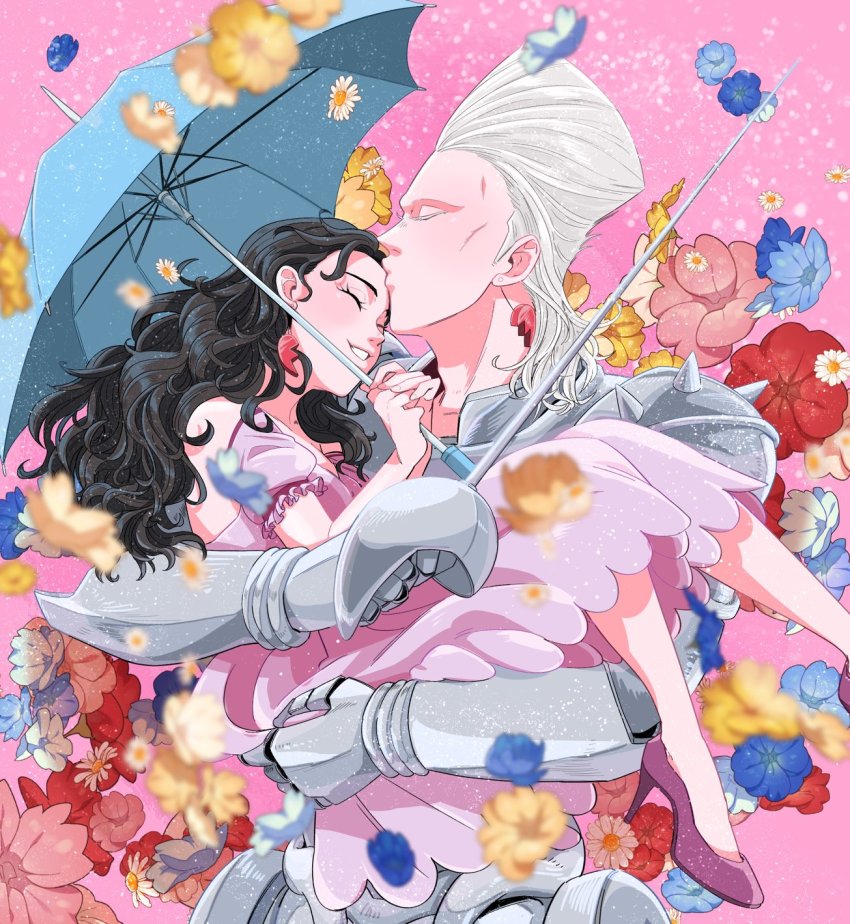 1boy 1girl armor black_hair blurry blurry_foreground brother_and_sister carrying closed_eyes dress flattop flower happy hetero highres jean_pierre_polnareff jojo_no_kimyou_na_bouken kiss kissing_forehead obake_cp300 pink_background pink_dress sherry_polnareff siblings silver_chariot smile umbrella