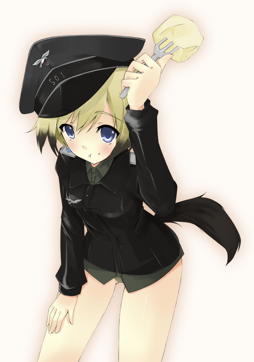 1girl :t absurdres blonde_hair erica_hartmann female_focus fork haru haru_(matatabi_sanjou) hat highres potato solo strike_witches tail world_witches_series