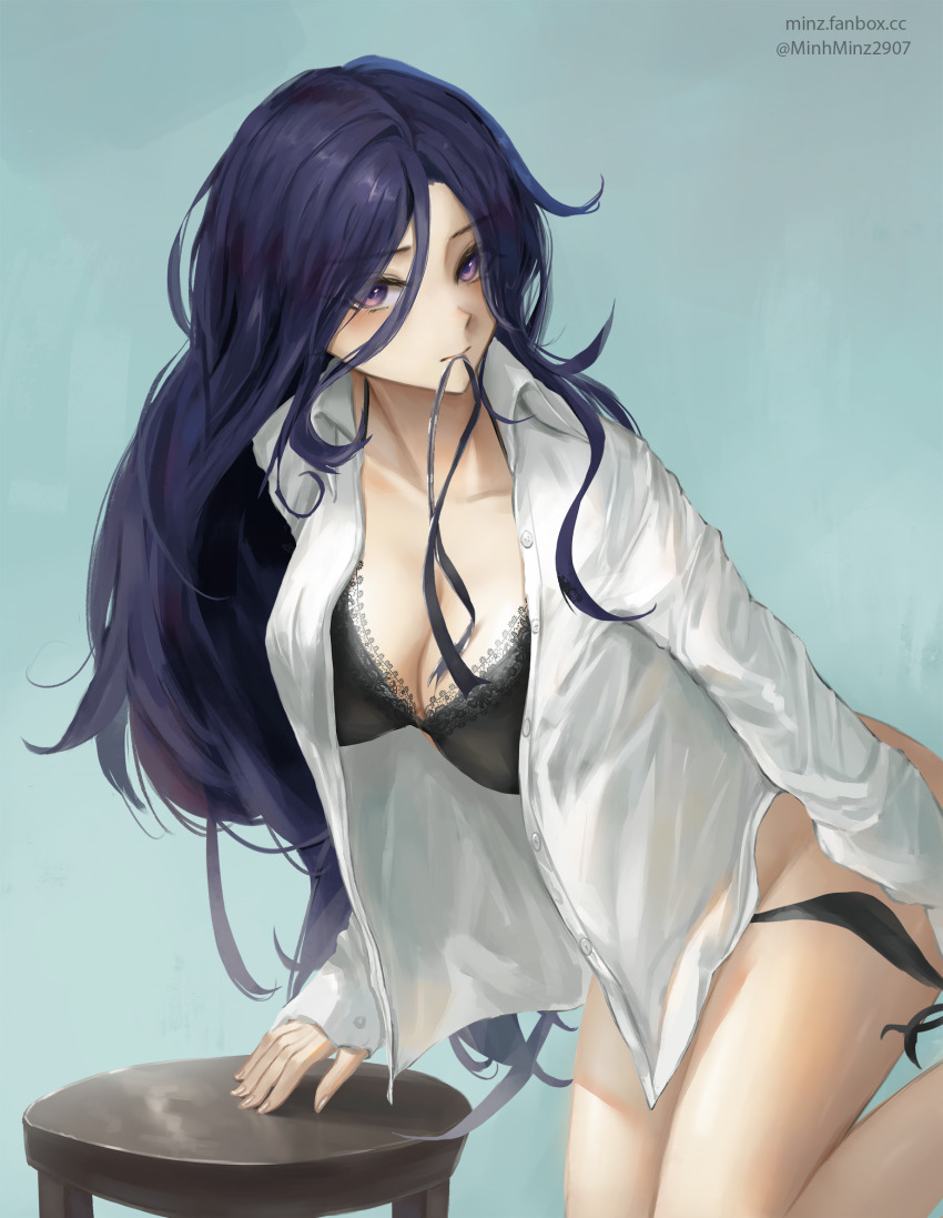 1girl black_bra black_panties blue_hair bra breasts cleavage clorinde_(genshin_impact) collared_shirt commentary dark_blue_hair english_commentary fanbox_username from_side genshin_impact hair_between_eyes hair_down highres large_breasts leaning_forward long_hair long_hair_between_eyes long_sleeves looking_at_viewer minz_(minh_nguyen) mixed-language_commentary mouth_hold multicolored_hair open_clothes open_shirt paid_reward_available panties panty_pull patreon_username pulling_own_clothes purple_eyes revision ribbon ribbon_in_mouth shirt simple_background sleeves_past_wrists standing standing_on_one_leg streaked_hair underwear white_shirt