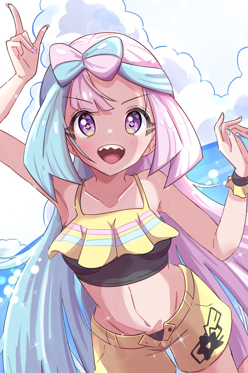 1girl absurdres bikini bow-shaped_hair breasts cloud creatures_(company) day game_freak highres iono_(pokemon) long_hair looking_at_viewer multicolored_hair nail_polish nintendo ocean open_mouth outdoors pink_hair pokemon pokemon_sv rono_(lethys) sharp_teeth shorts sky smile solo swimsuit teeth two-tone_hair