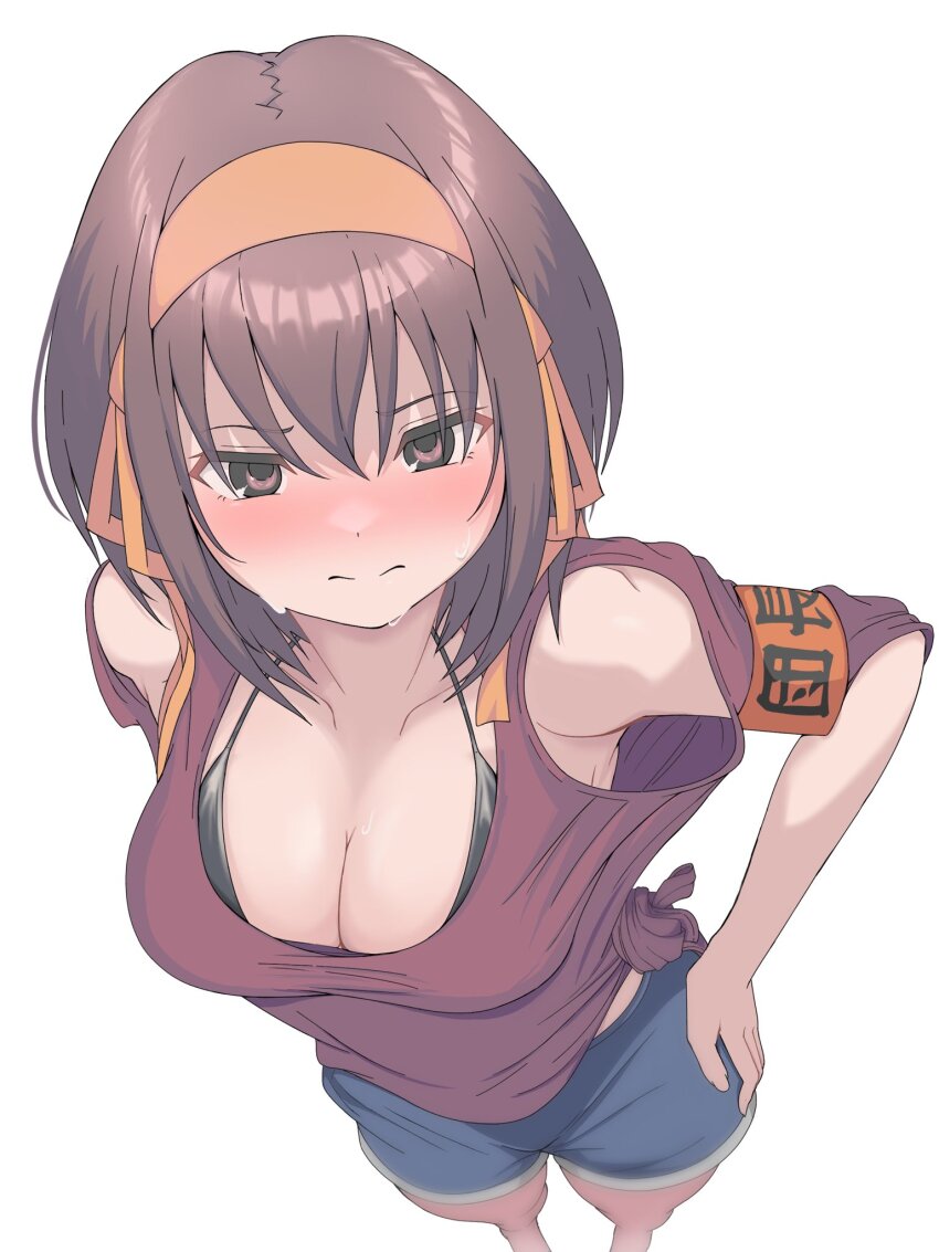 1girl armband black_bra blue_shorts blush bra breasts brown_eyes brown_hair cleavage collarbone hair_ribbon hairband hand_on_own_hip highres large_breasts looking_at_viewer medium_hair rai_iceblast red_shirt ribbon shirt shorts simple_background sleeveless sleeveless_shirt suzumiya_haruhi suzumiya_haruhi_no_yuuutsu sweat tied_shirt underwear white_background yellow_ribbon yelow_hairband