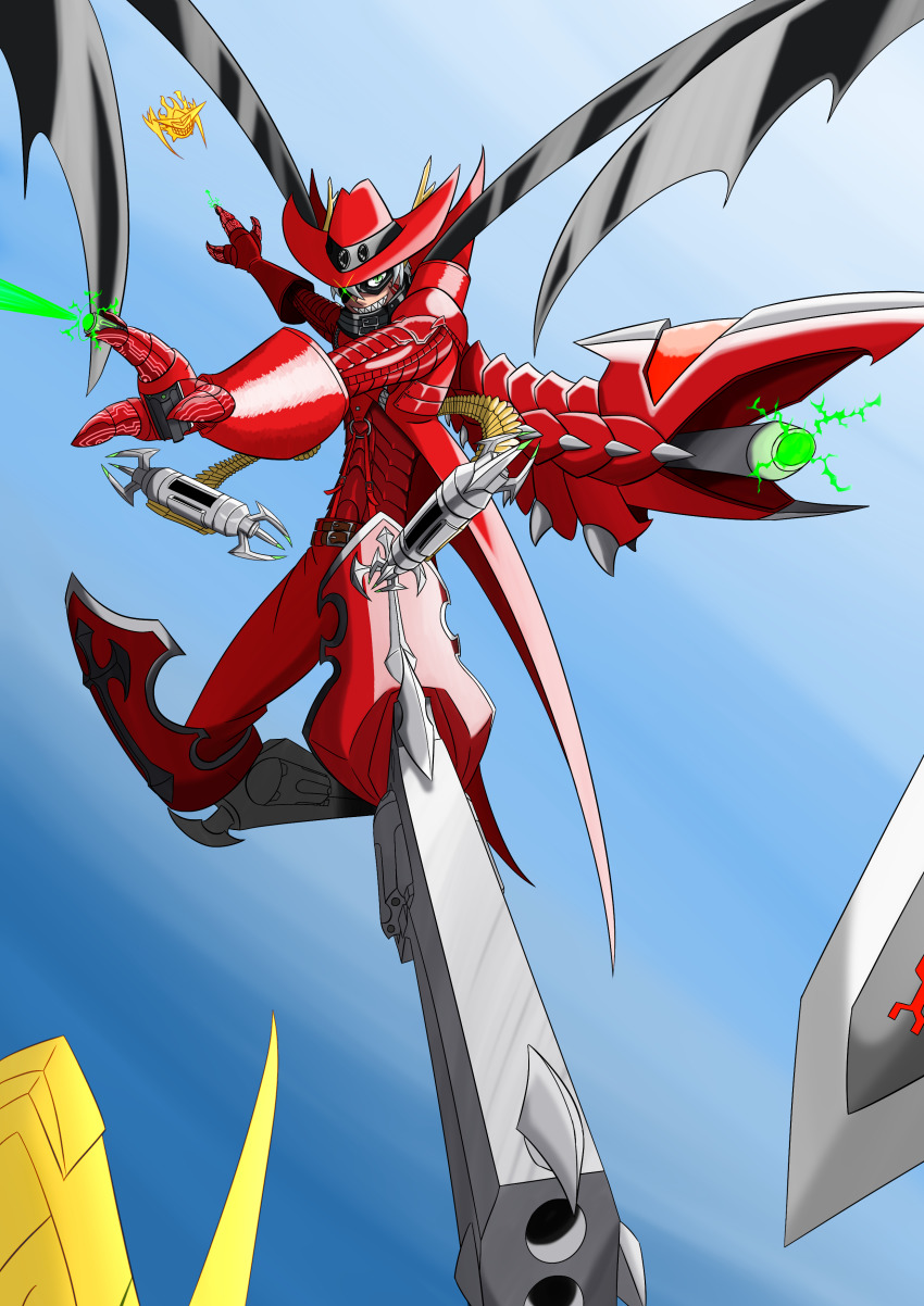 1boy absurdres digimon gun hat highres jesmon magnakidmon sharp_teeth sword teeth weapon