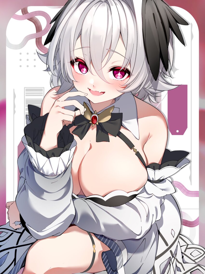 1girl bare_shoulders black_bow blush bow breasts cleavage commission darjeeling_(reley) detached_collar detached_sleeves diamond-shaped_pupils diamond_(shape) grey_hair grey_skirt hand_up highres indie_virtual_youtuber large_breasts looking_at_viewer open_mouth red_eyes richamu second-party_source sitting skeb_commission skirt solo symbol-shaped_pupils thigh_strap virtual_youtuber