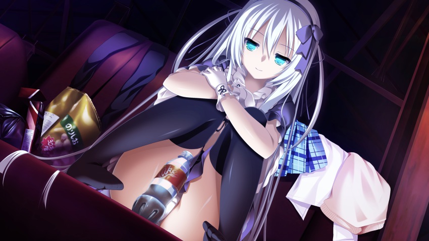 1girl black_socks blue_eyes bottle feet female_focus food game_cg gensou_no_idea:_oratorio_phantasm_historia gloves hair_ornament highres kenzaki_noel legs long_hair looking_at_viewer panties pantyshot sitting skirt smile socks solo thighs underwear upskirt white_hair