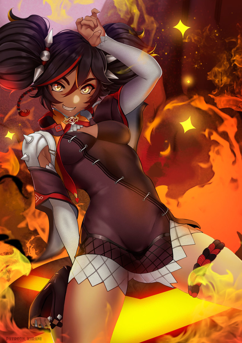 1girl :d arm_guards arm_up black_dress black_hair breasts dark-skinned_female dark_skin dress eyebrows feet fire full_body genshin_impact hair_ornament highres kirani kneeling long_sleeves medium_breasts multicolored_hair nail_polish open_mouth red_hair short_twintails smile solo spikes streaked_hair teeth thick_eyebrows toeless_legwear toenail_polish toenails twintails two-tone_hair xinyan_(genshin_impact) yellow_eyes