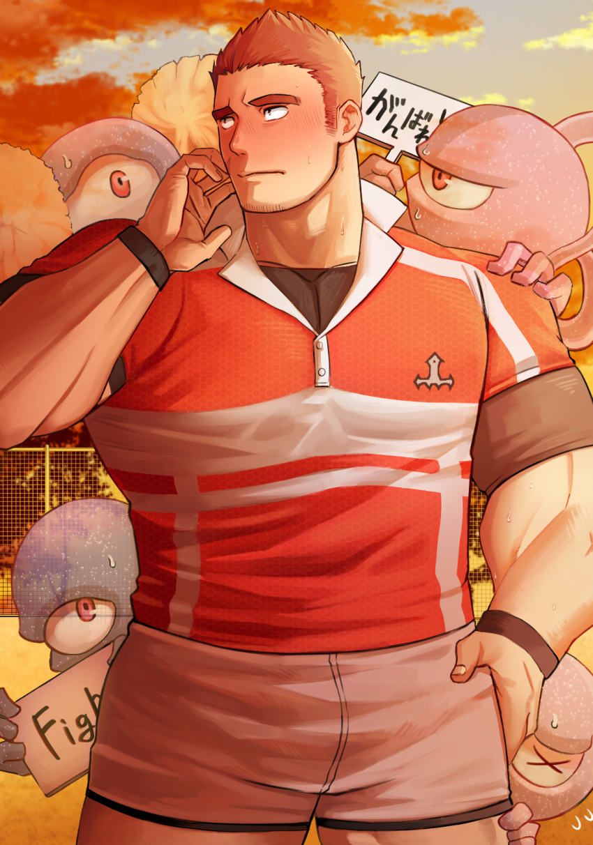 1boy bad_tag bara blush cowboy_shot facial_hair facial_scar highres itaru_(kidomh63) large_pectorals looking_to_the_side male_focus muscular muscular_male pectorals rugby_uniform scar scar_on_cheek scar_on_face short_hair short_shorts shorts shy solo spiked_hair spirit sportswear standing stubble tamamura_gunzo thick_eyebrows tokyo_houkago_summoners translation_request