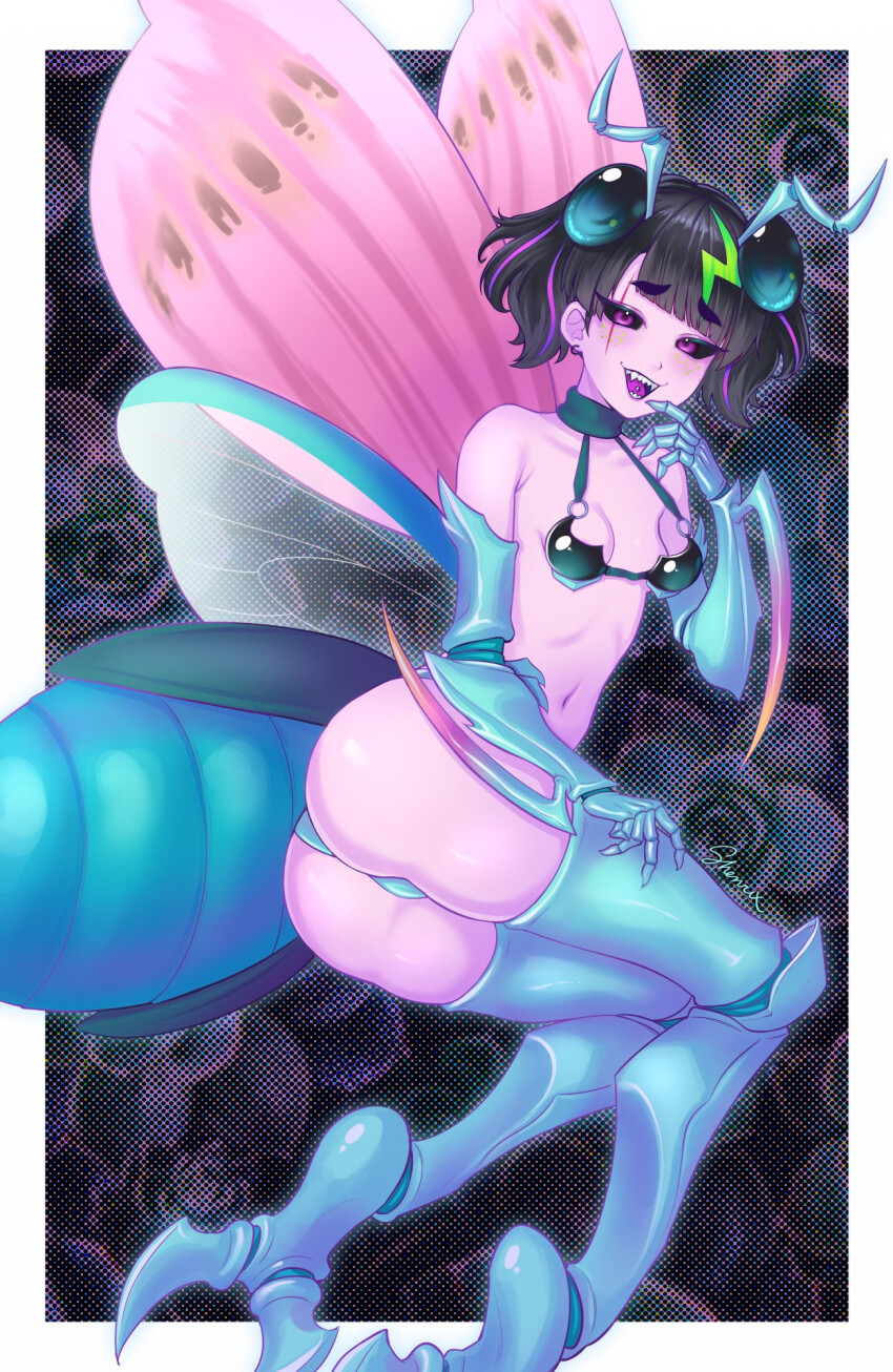 1girl 2023 arthropod_girl artist_name black_hair coqui_saporana cosplay indie_virtual_youtuber looking_back panties shenrix solo underwear wings