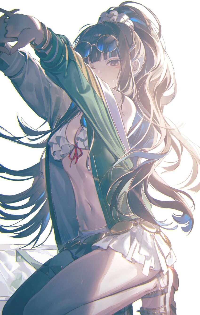 1girl backlighting bare_shoulders belly_chain bikini black_hair blue_hair breasts choker colored_inner_hair eyeliner fate/grand_order fate_(series) green_jacket grey_eyes high_ponytail highres jacket jewelry kaerunoko long_hair long_sleeves looking_at_viewer makeup medium_breasts multicolored_hair navel off_shoulder round_eyewear sidelocks solo sunglasses swimsuit tenochtitlan_(fate) tenochtitlan_(swimsuit_mooncancer)_(fate) tenochtitlan_(swimsuit_mooncancer)_(first_ascension)_(fate) thighs white_bikini