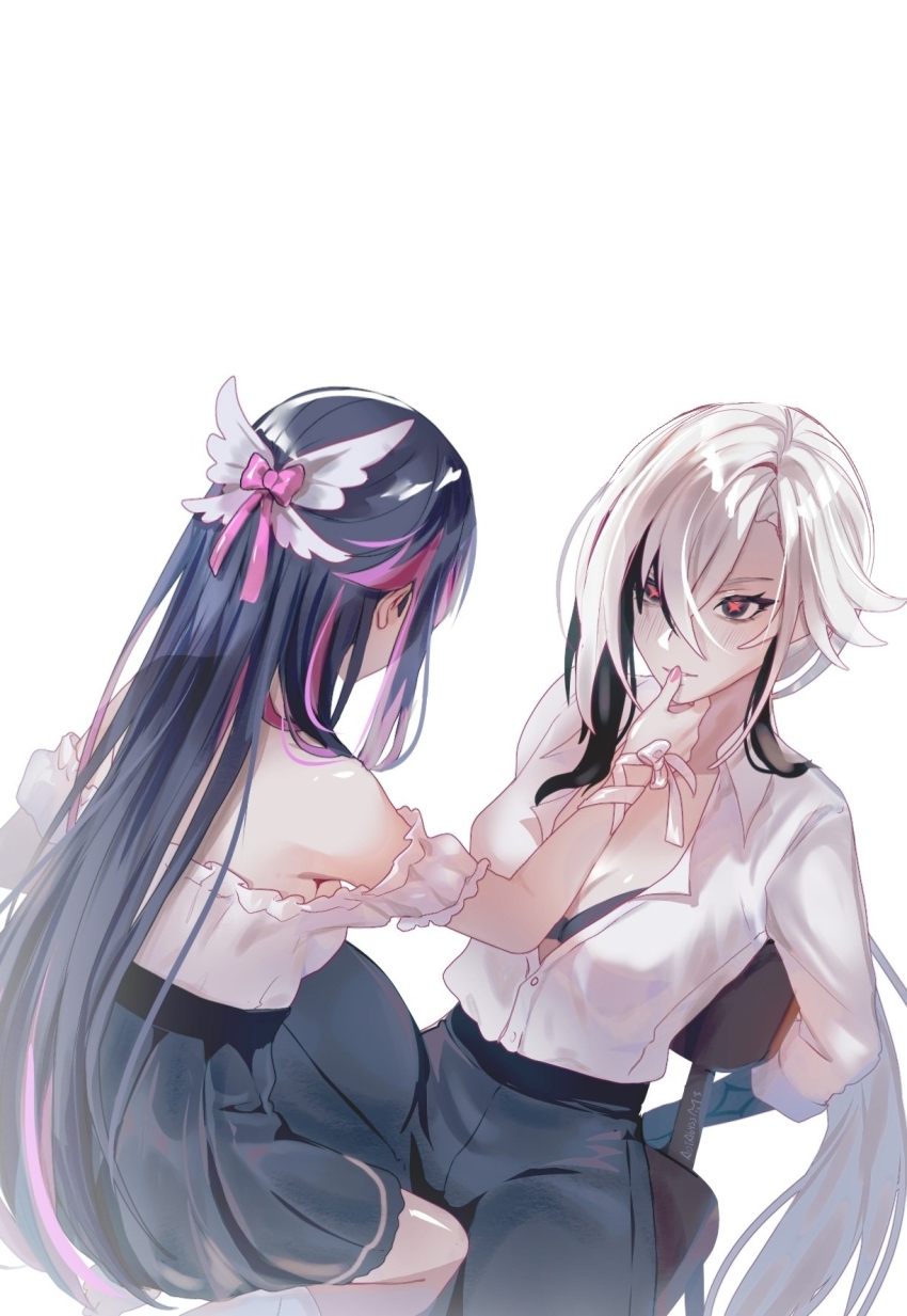 2girls alternate_costume aoiabyss arlecchino_(genshin_impact) bare_shoulders black_bra black_eyes black_hair black_pants black_skirt bow bra breasts chair cleavage columbina_(genshin_impact) commentary_request genshin_impact hair_bow highres long_hair miniskirt multicolored_hair multiple_girls off-shoulder_shirt off_shoulder pants pink_bow pink_hair shirt short_sleeves simple_background skirt streaked_hair underwear very_long_hair white_background white_hair white_shirt yuri