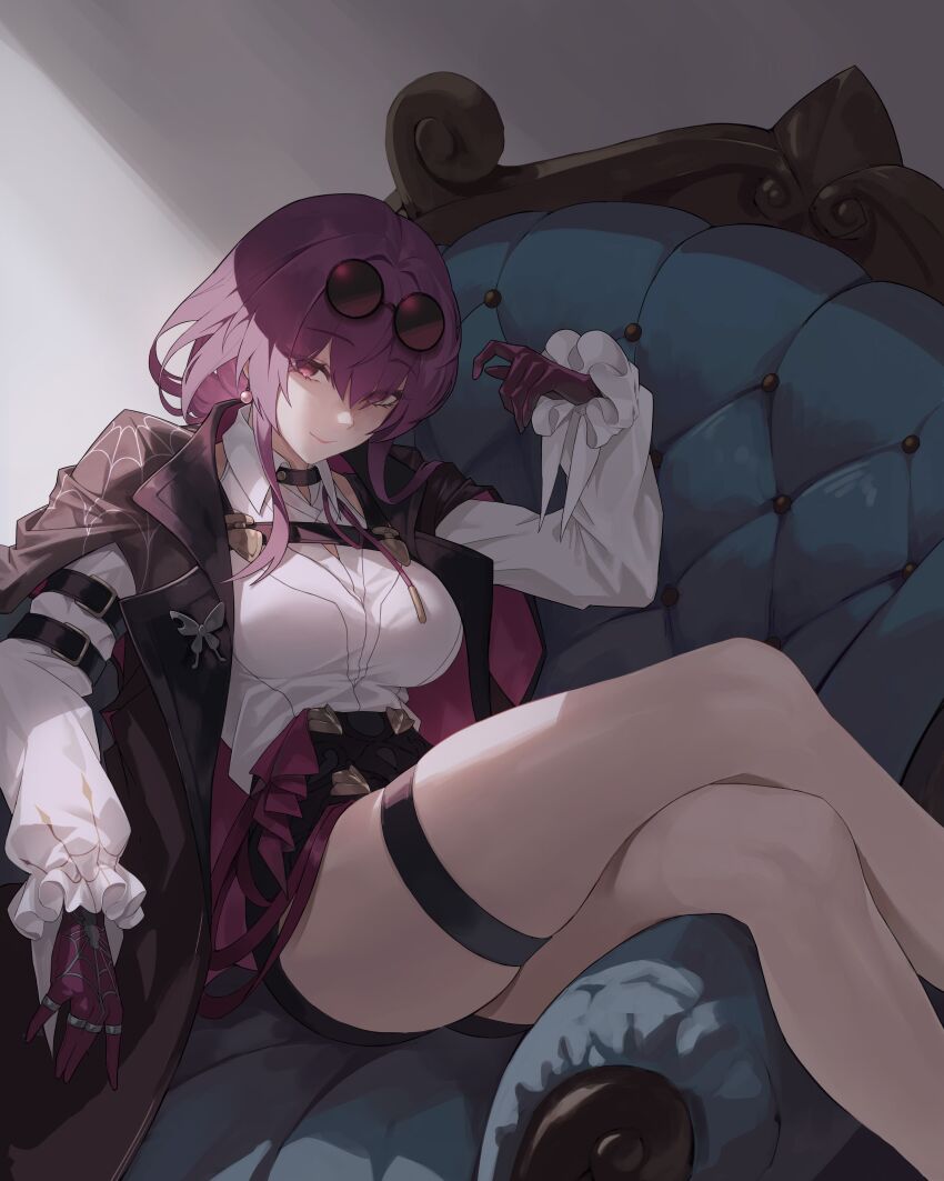 1girl absurdres black_shorts butterfly_ornament closed_mouth coat crossed_legs eyewear_on_head ezr_bb frills gloves high-waist_shorts highres honkai:_star_rail honkai_(series) kafka_(honkai:_star_rail) looking_at_viewer on_chair open_clothes open_coat purple_eyes purple_gloves purple_hair round_eyewear shirt shorts sitting_sideways smile solo spider_web_print sunglasses thigh_strap thighs white_shirt