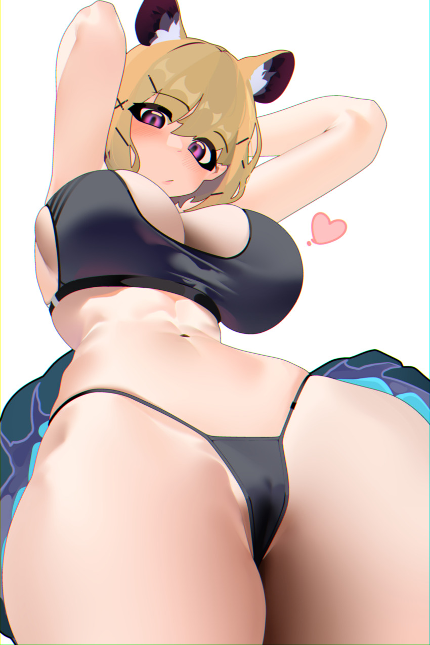 1girl absurdres animal_ear_fluff animal_ears arknights arms_behind_head black_panties black_sports_bra blonde_hair breasts closed_mouth from_below heart highres large_breasts looking_down navel naxius_noxy panties purple_eyes short_hair simple_background solo sports_bra tail thighs underwear utage_(arknights) white_background