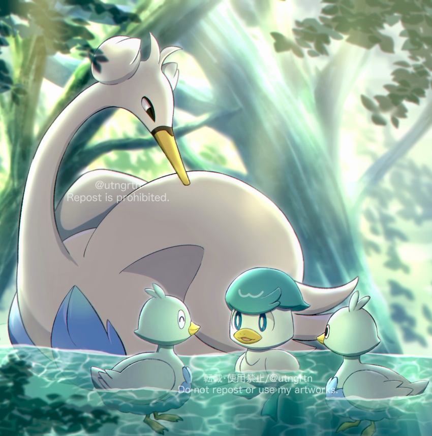 afloat animal_focus bird black_eyes bright_pupils commentary_request creatures_(company) day duck ducklett fuyu_(utngrtn) game_freak gen_5_pokemon highres nintendo no_humans open_mouth outdoors pokemon pokemon_(creature) quaxly smile swanna water watermark white_pupils