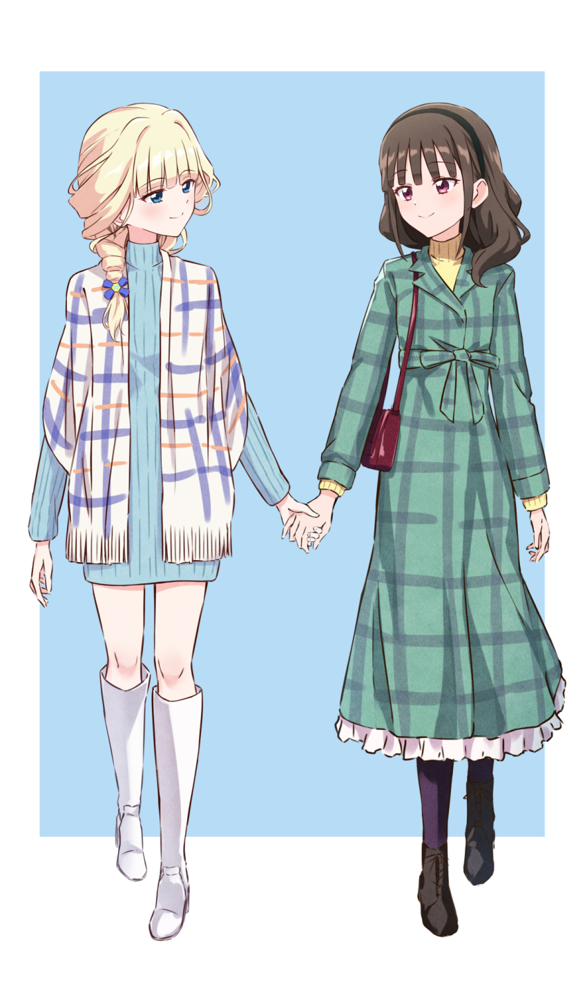 2girls black_footwear black_hairband black_socks blonde_hair blue_dress blue_eyes blue_ribbon blush boots braid brown_hair checkered_clothes checkered_jacket closed_mouth coat dress green_coat hair_ribbon hairband high_heel_boots high_heels highres holding_hands jacket long_hair long_sleeves looking_at_another multiple_girls nekoyashiki_mayu nekoyashiki_yuki nuenue precure red_eyes ribbon single_braid smile socks sweater sweater_dress white_footwear wonderful_precure! yellow_sweater yuri