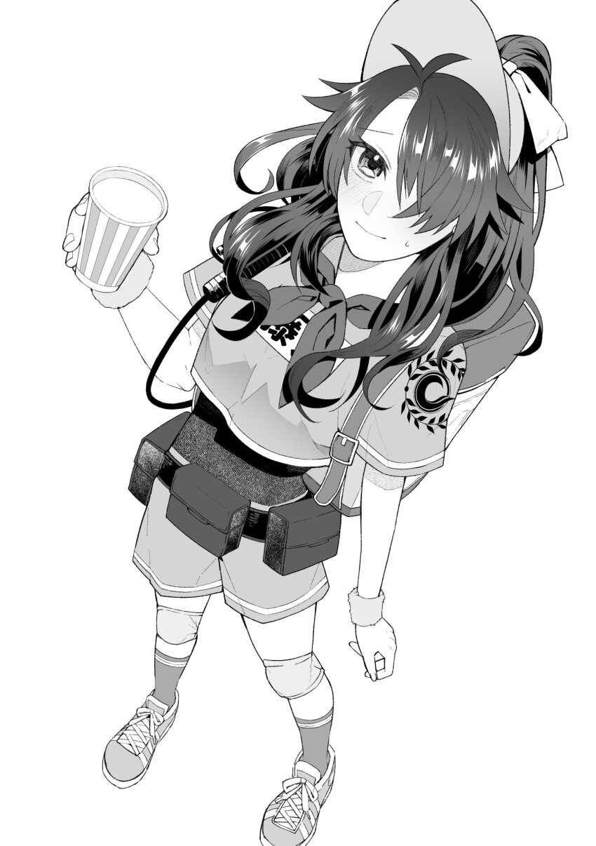 1boy alcohol backpack bag beer black_hair blush chaldea_logo crop_top crossdressing fate/grand_order fate_(series) fujimaru_ritsuka_(male) greyscale hair_ribbon highres knee_pads looking_at_viewer monochrome ponytail ribbon shorts taiko_(amefrogs)