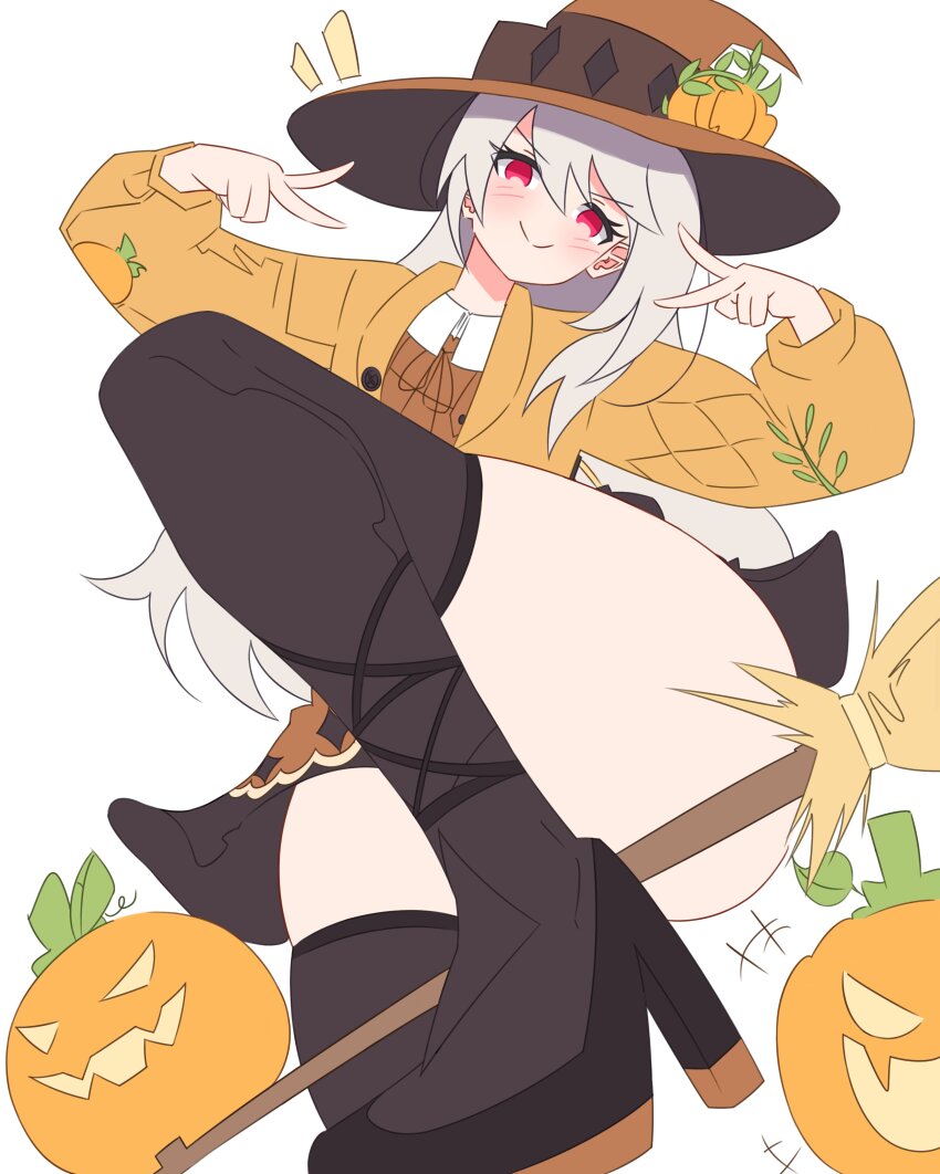 1girl ass blush broom dress fortnite hat high_heels jack-o&#039;-lantern jacket lexa_(fortnite) long_hair red_eyes riikiio1 smile thick_thighs thighhighs thighs white_hair