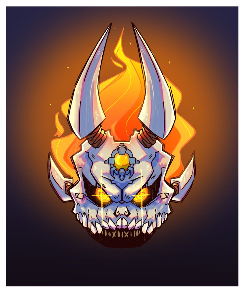 1boy black_background disembodied_head facing_viewer fire forehead_jewel glowing glowing_eyes gradient_background highres horns mask nikiestrong nintendo orange_background orange_eyes phantom_ganon portrait skull skull_mask solo the_legend_of_zelda the_legend_of_zelda:_ocarina_of_time