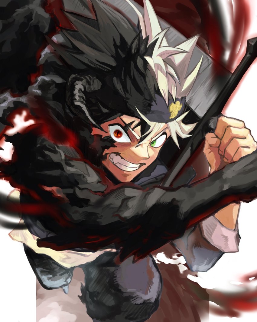 angry asta_(black_clover) black_clover black_hair demon_horns green_eyes grey_hair highres holding holding_sword holding_weapon horns red_eyes sokora_hen sword weapon white_background